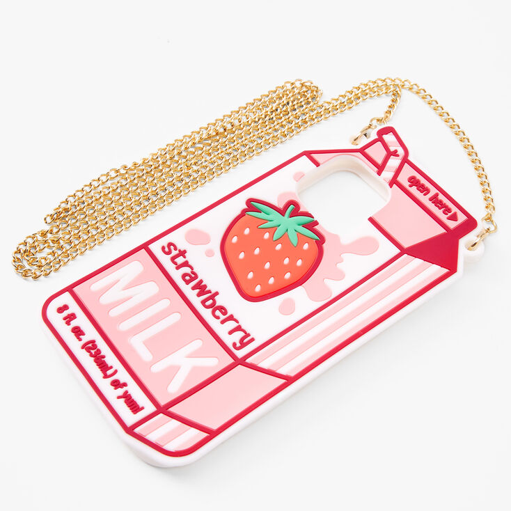 Strawberry Milk Silicone Phone Case with Gold Chain - Fits iPhone 12/12 Pro,