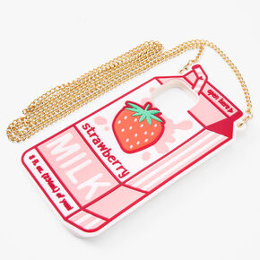 Strawberry Milk Silicone Phone Case with Gold Chain - Fits iPhone 12/12 Pro,