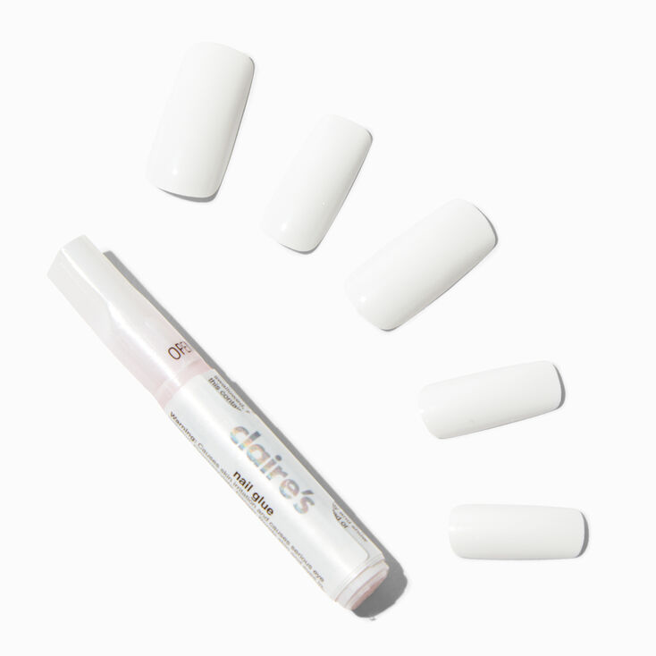 White Glossy Long Square Vegan Faux Nail Set - 24 Pack,