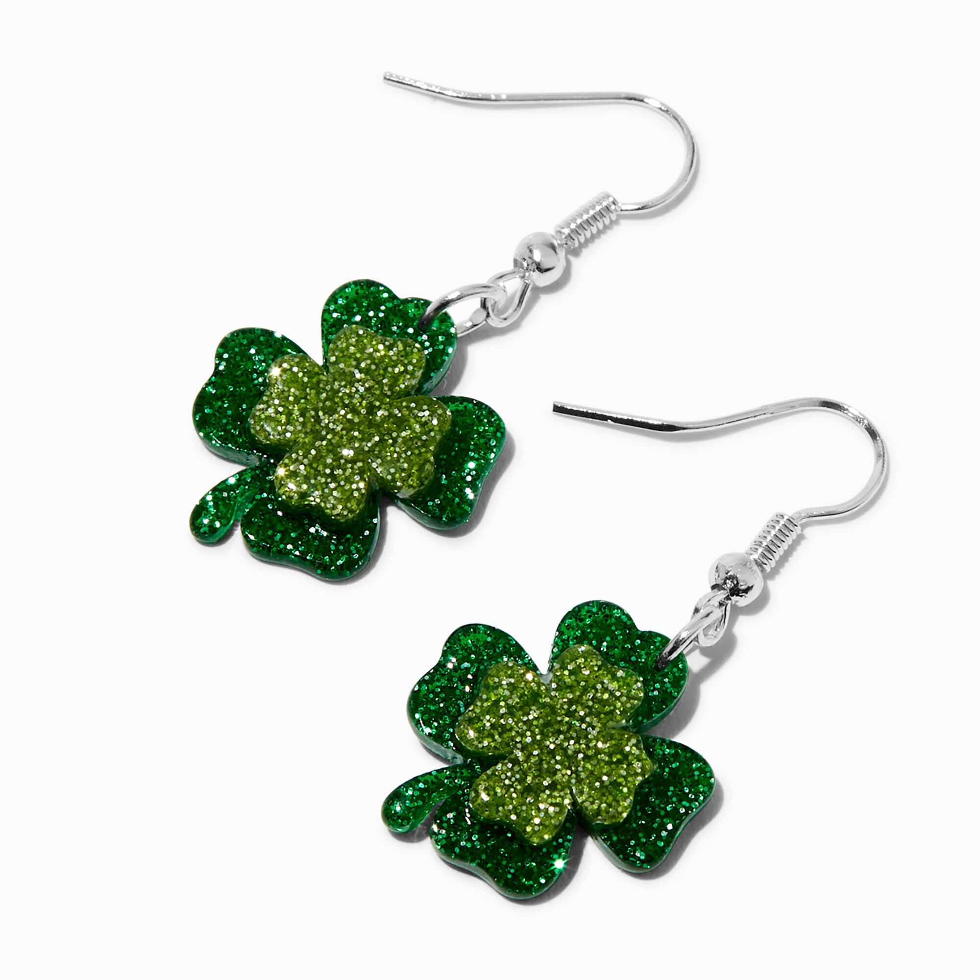 View Claires Glittery Double Shamrock Drop Earrings Silver information
