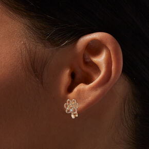 Gold-tone Crystal Paw Print Clip-On Stud Earrings,