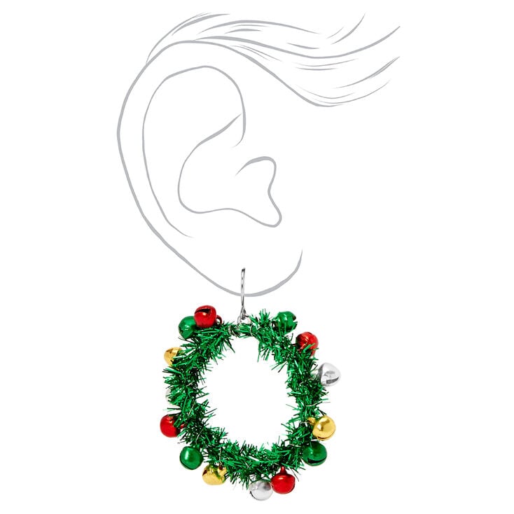 Christmas Silver 1&#39;&#39; Tinsel Wreath Hoop Earrings,