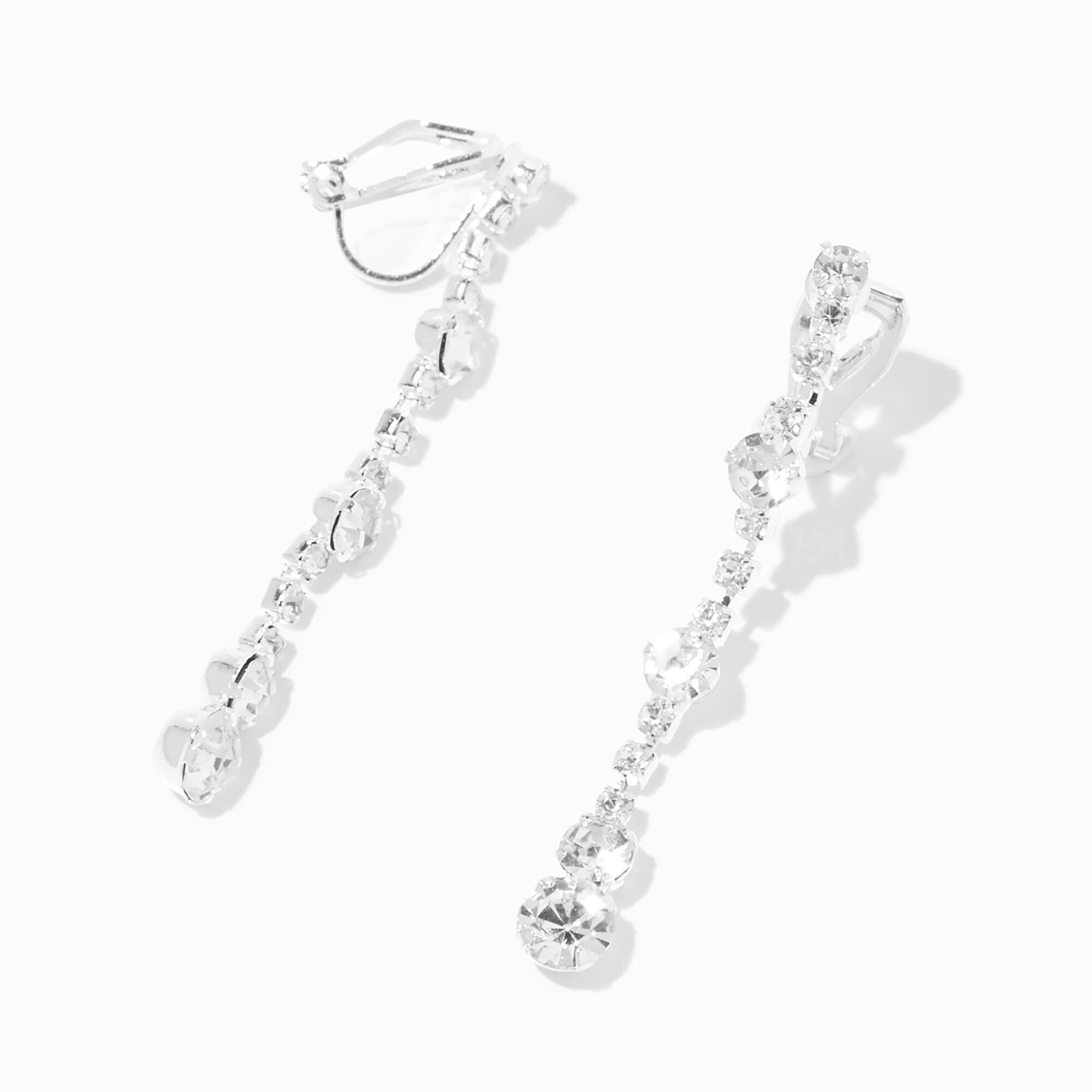 View Claires Tone Crystal Linear 2 ClipOn Drop Earrings Silver information