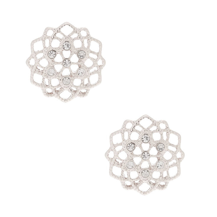 Silver Filigree and Rhinestone Stud Earrings,