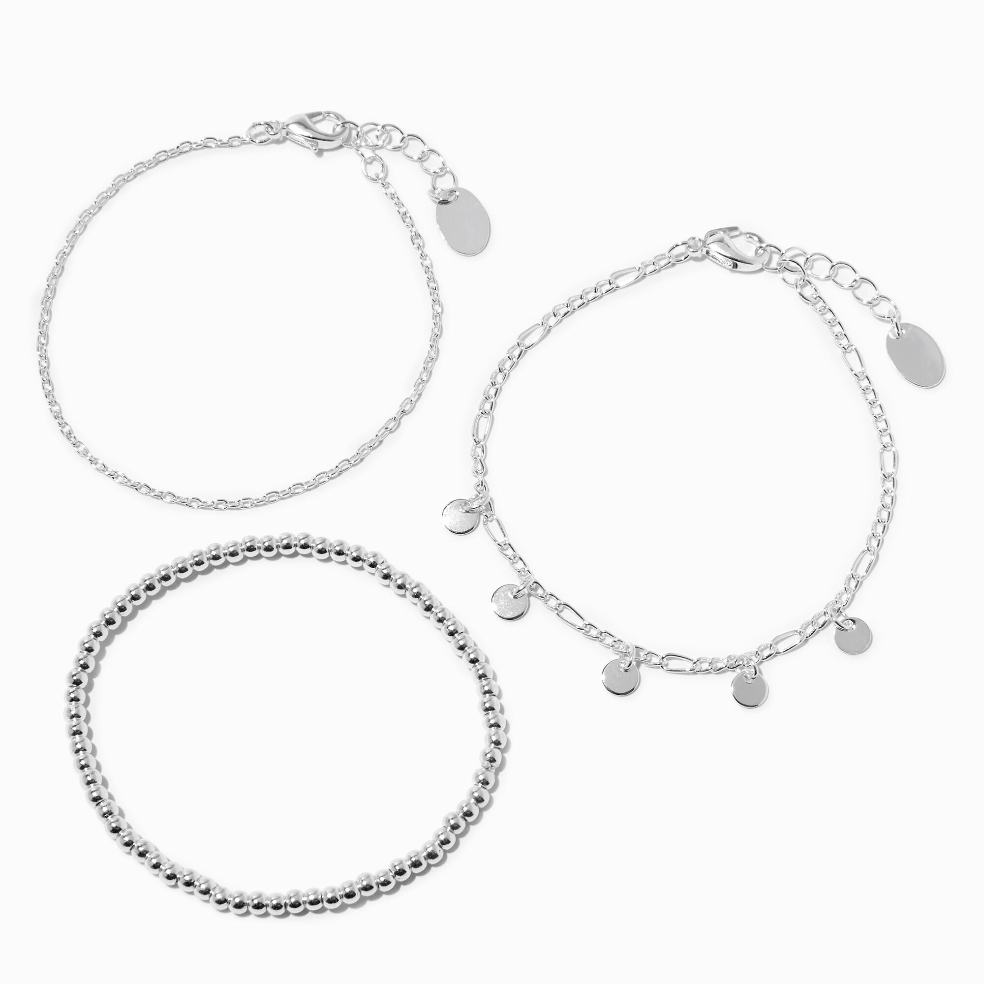 View Claires Recycled Jewelry Tone Disc Charm Bracelet Set 3 Pack Silver information