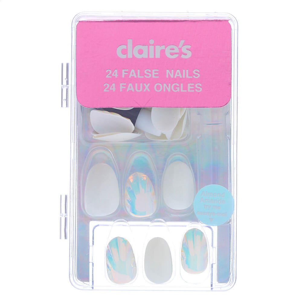 Holographic Shell Round Faux Nail Set - White, 24 Pack,