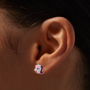 Clous d&#39;oreilles licorne strass couleur argent&eacute;e,