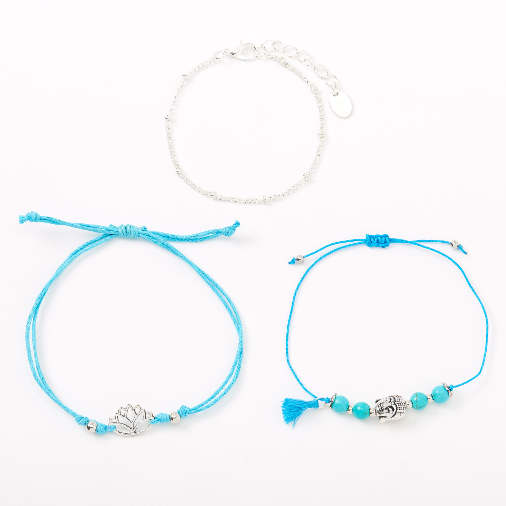 Silver Buddha Lotus Bracelets - 3 Pack, Turquoise,