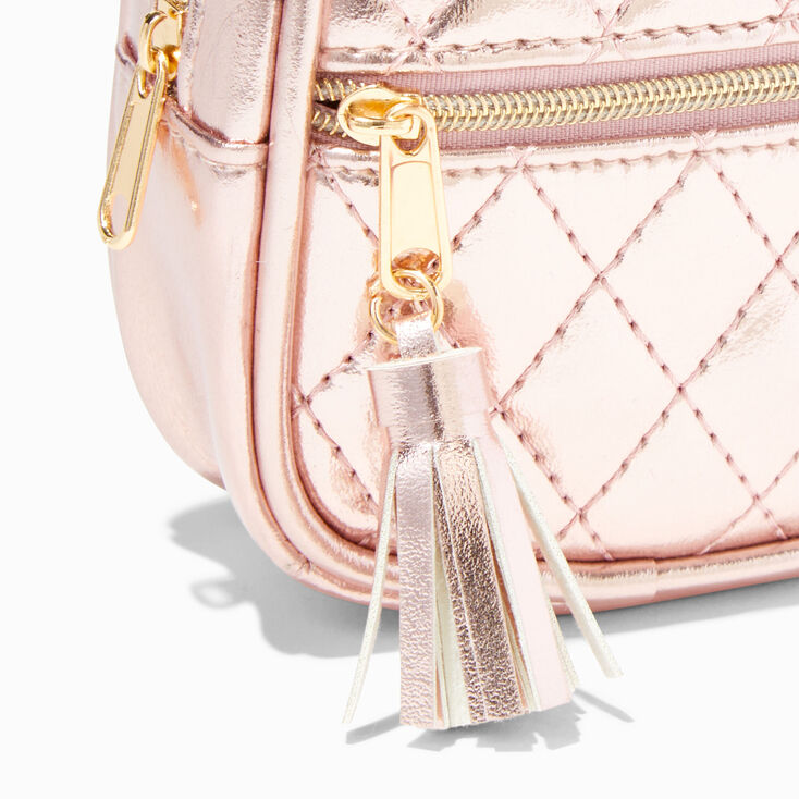 Metallic Rose Gold Crossbody Bag Leather Tassel Zipper 