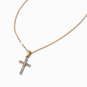 Gold-tone Stainless Steel Pav&eacute; Cross Pendant Necklace,