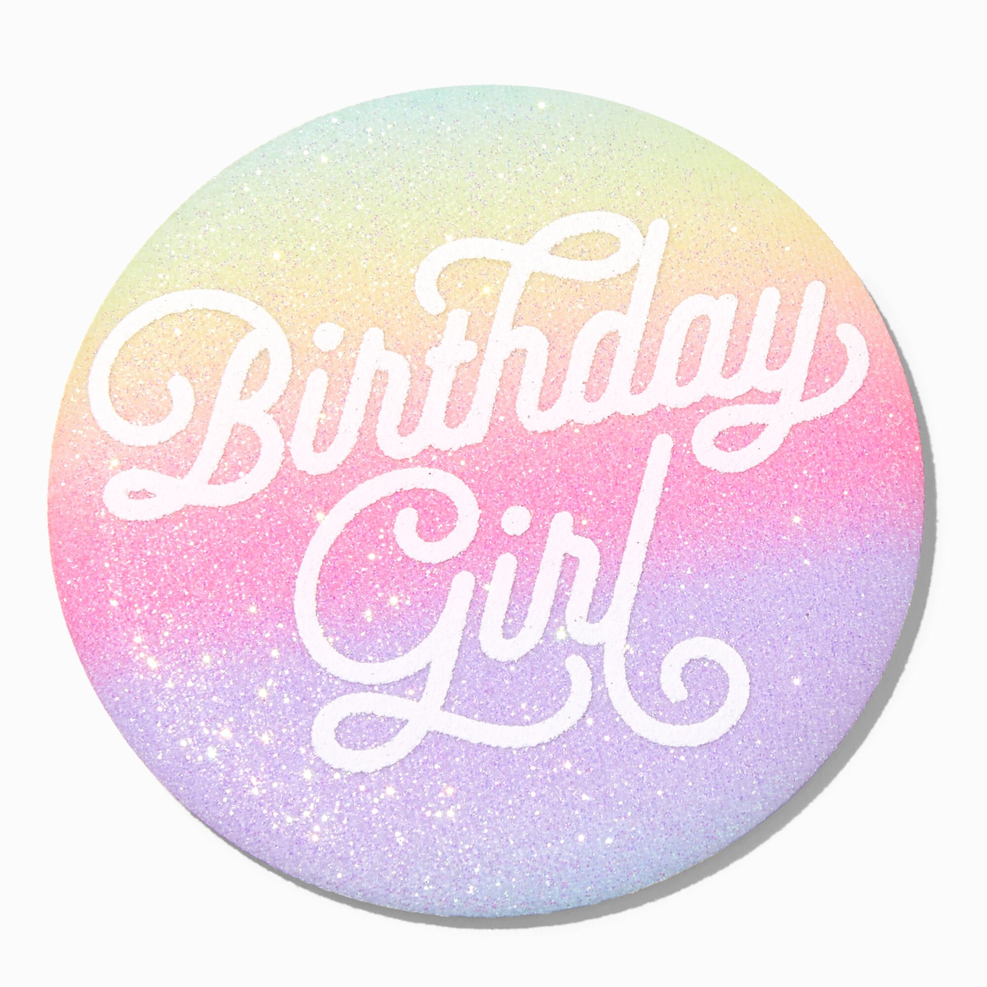 View Claires Birthday Girl Glitter Button Rainbow information
