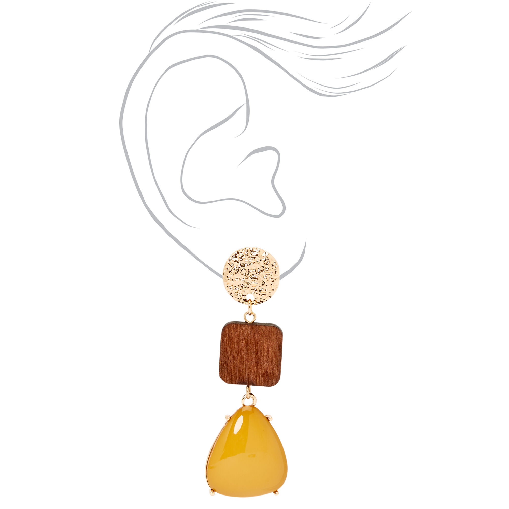 Gold 2.5" Wooden & Yellow Stone Tiered Drop Earrings,