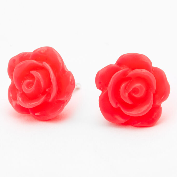 Sterling Silver Carved Rose Stud Earrings - Neon Pink | Claire's US