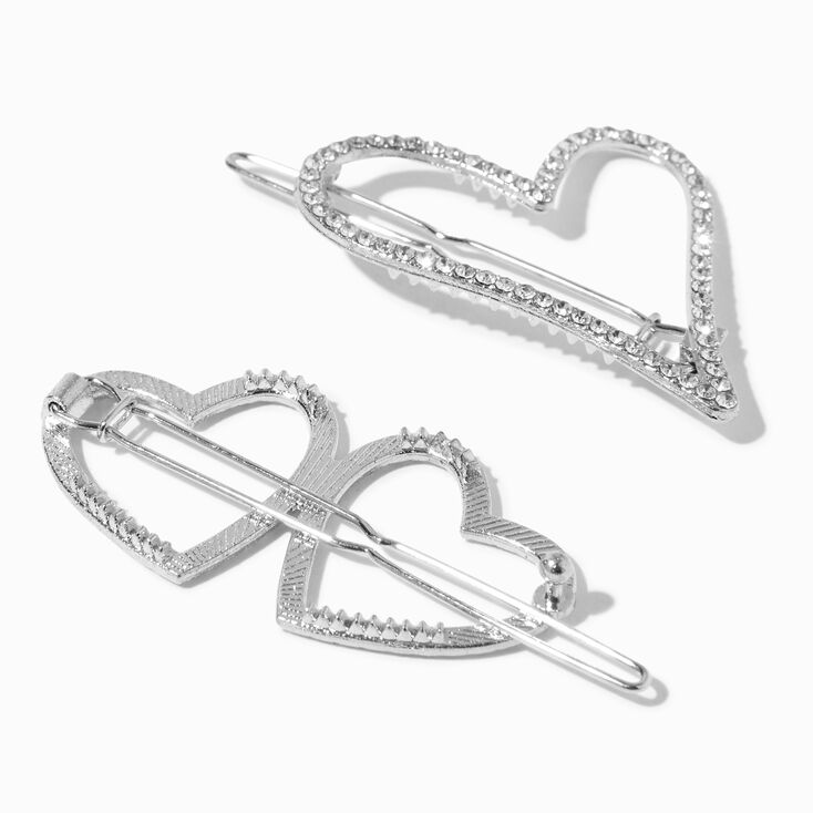 Silver Rhinestone Hearts Metal Hair Clips - 2 Pack,