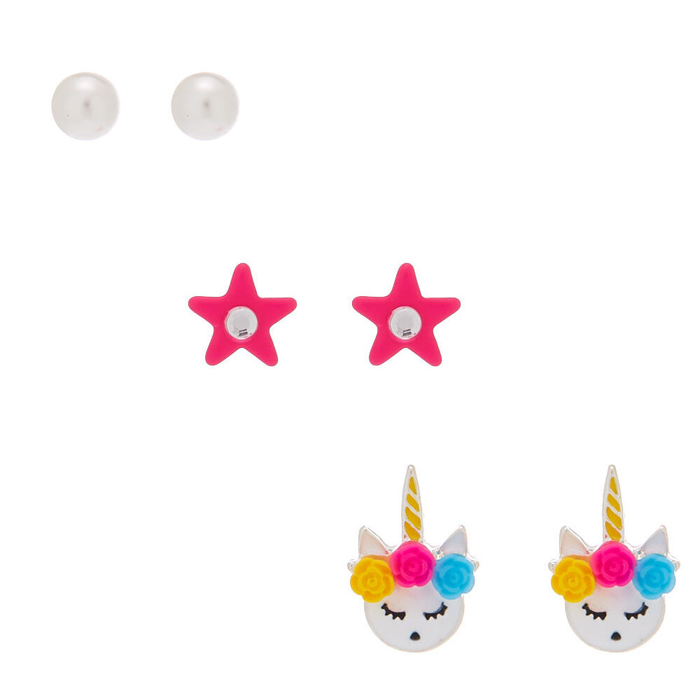 Rainbow Rose Caticorn Stud Earrings - 3 Pack,
