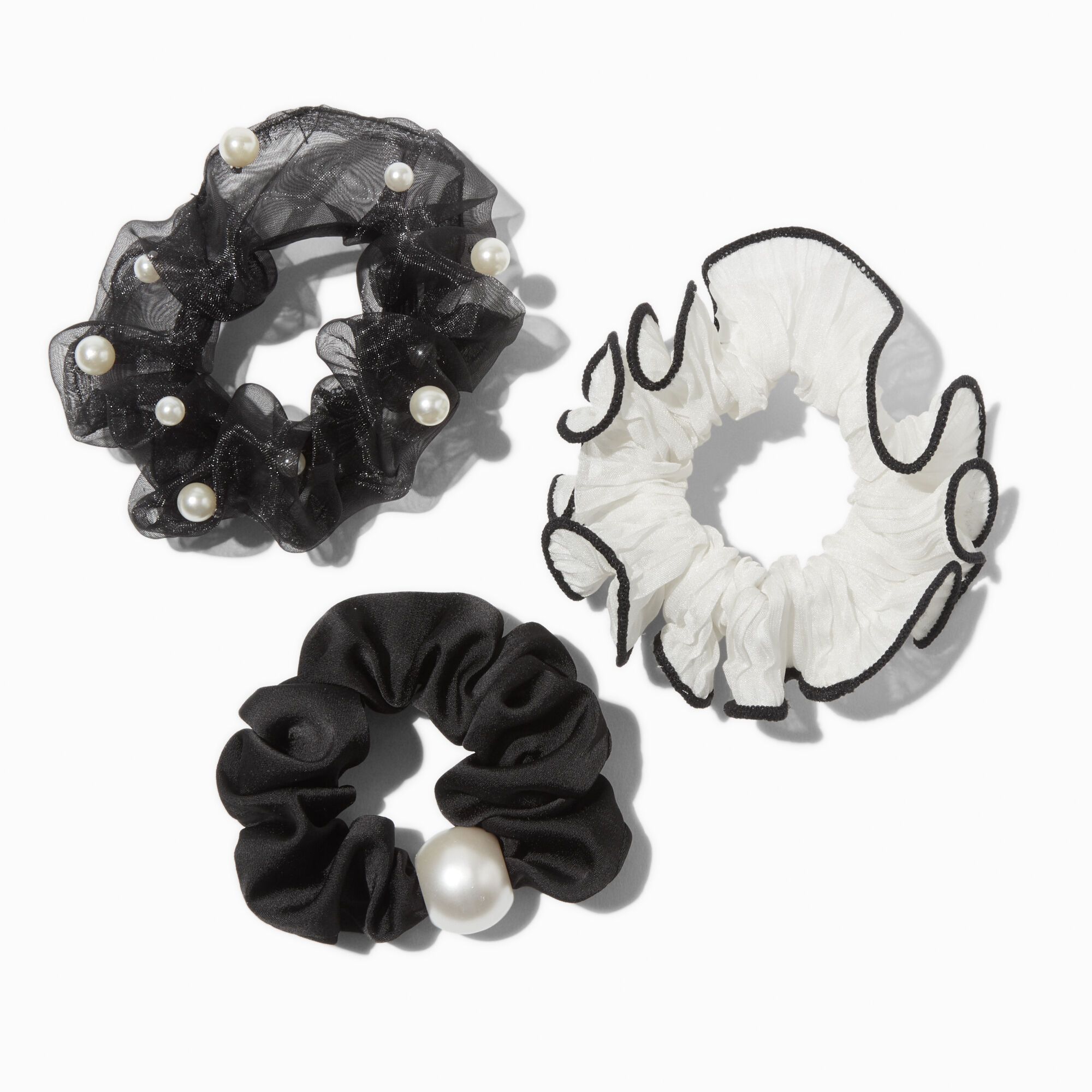 Pearl Accented Black & Cream Hair Scrunchies - 3 Pack,