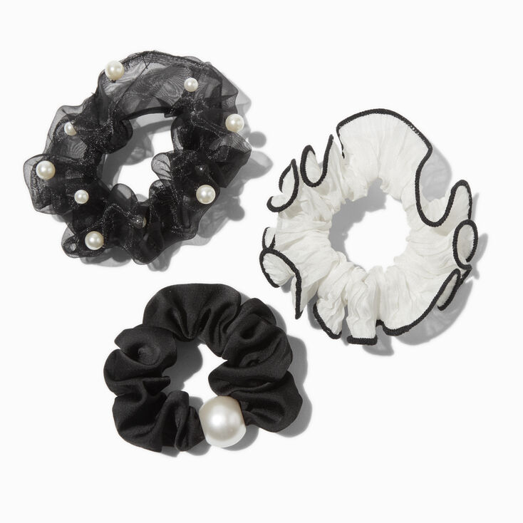Pearl Accented Black &amp; Cream Hair Scrunchies - 3 Pack,