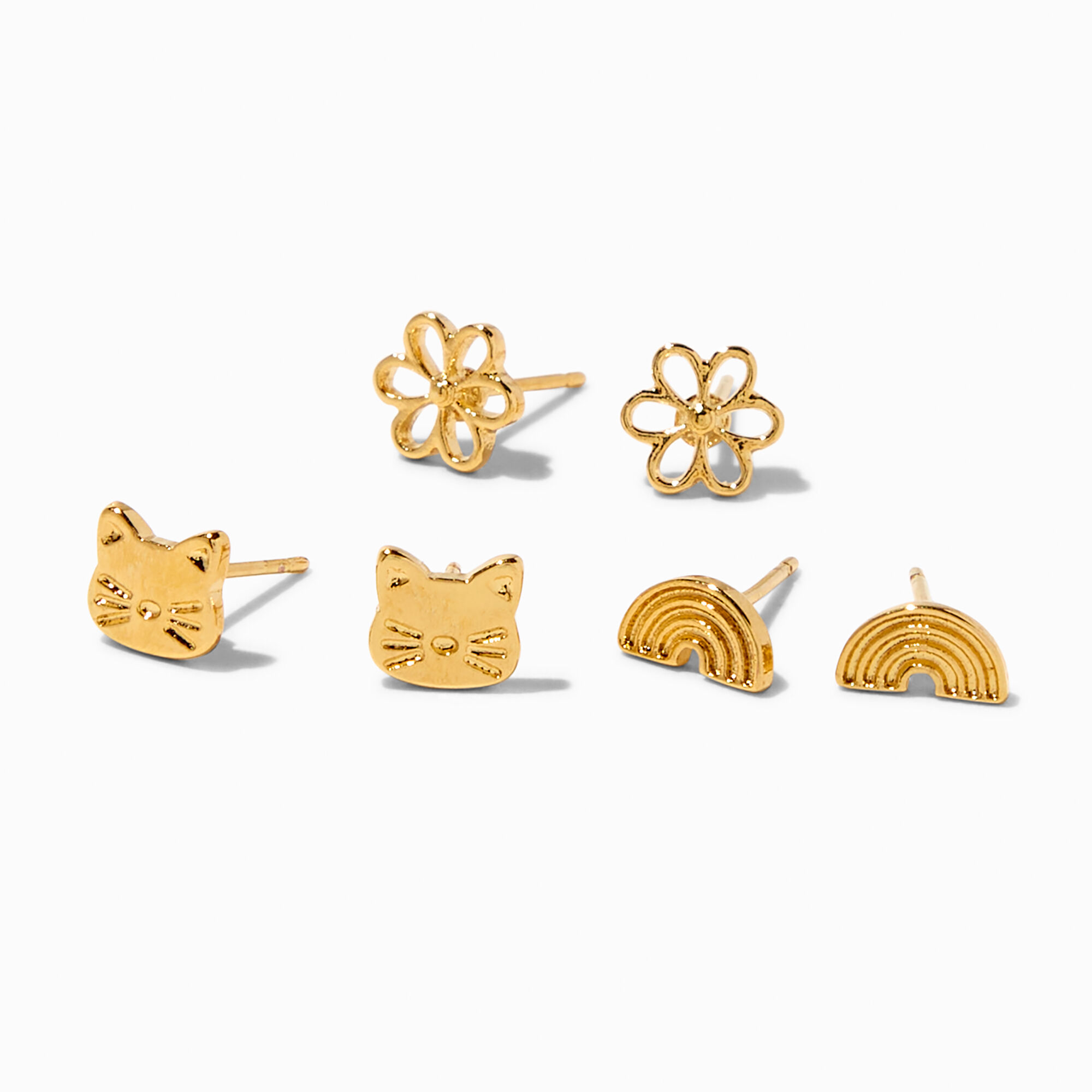 View Claires 18K Plated Cat Daisy Rainbow Stud Earrings 3 Pack Gold information