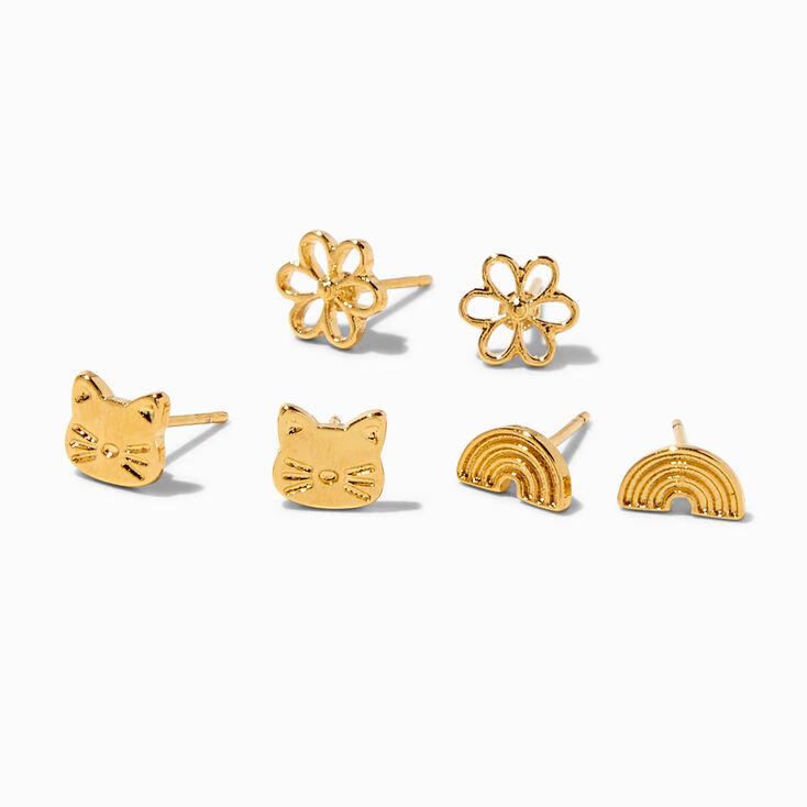 18K Gold Plated Cat, Daisy &amp; Rainbow Stud Earrings - 3 Pack,