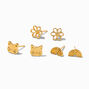 18K Gold Plated Cat, Daisy &amp; Rainbow Stud Earrings - 3 Pack,