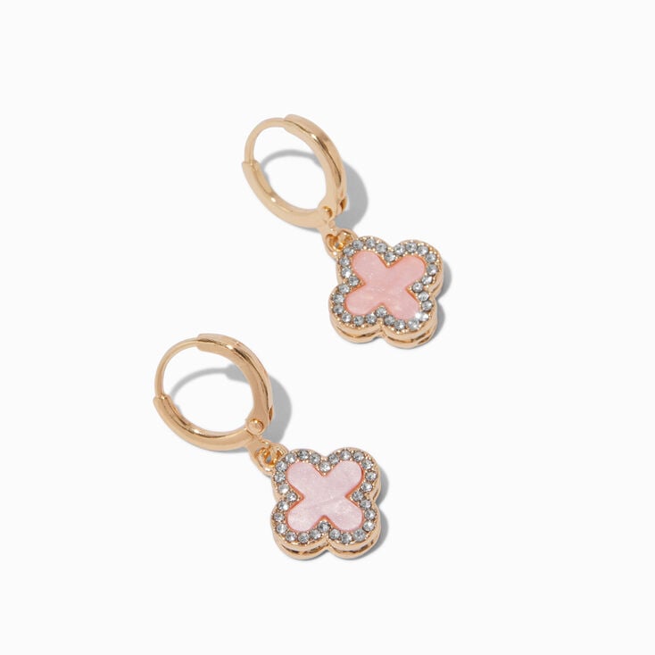 Gold-tone Pink &amp; Black Crystal Clover 12mm Hoop Earrings,