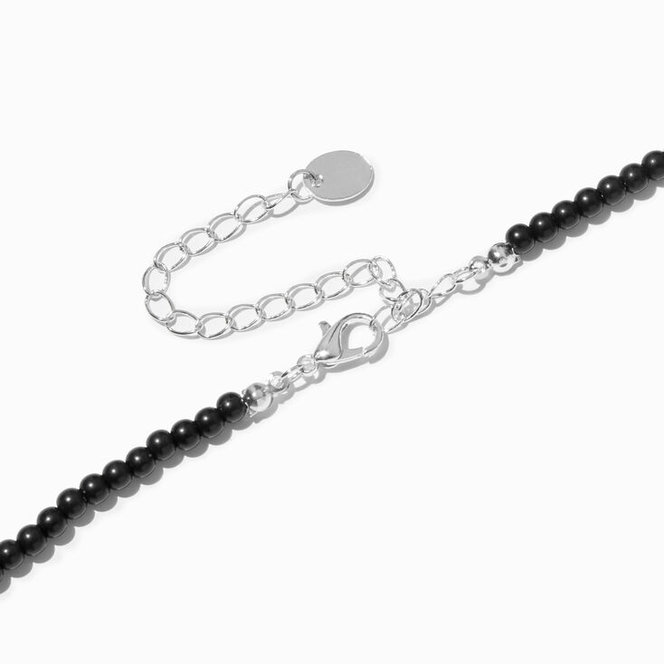 Black Beaded Silver Chevron Cross Pendant Necklace,