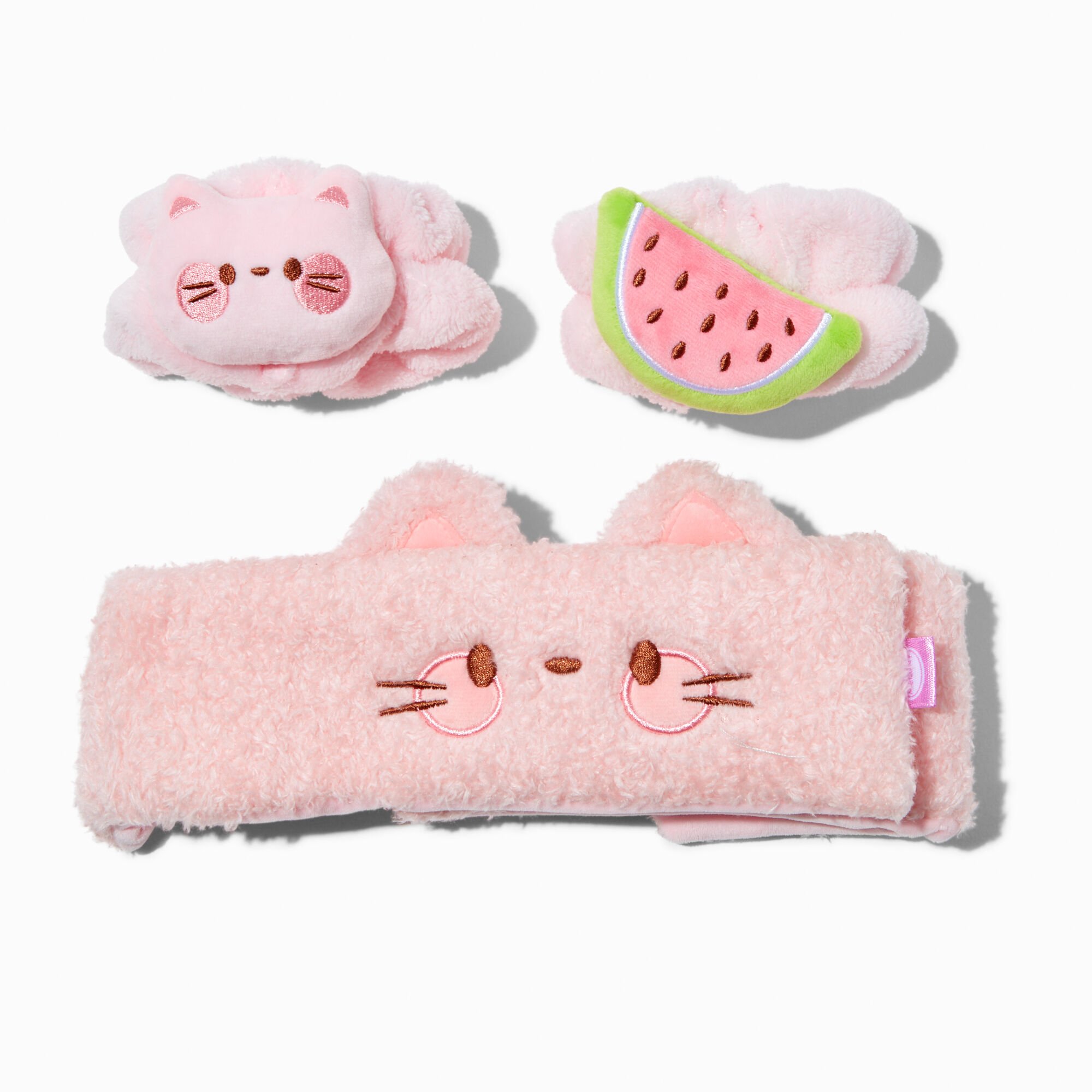 Watermelon Cat Makeup Bow Headwrap & Face Washing Wrist Bands - 3 Pack,