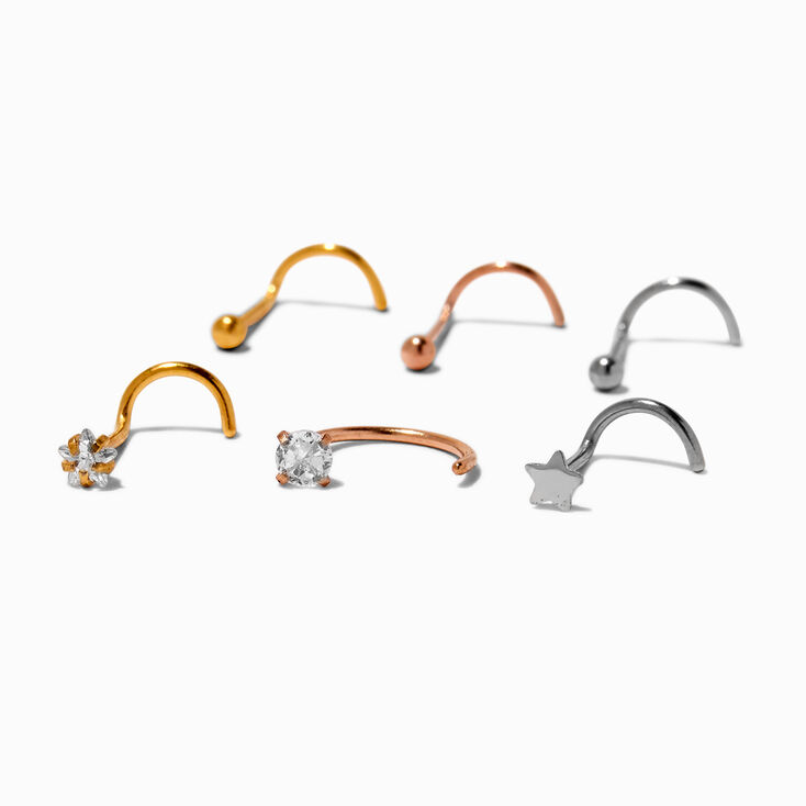 Piercings de nez m&eacute;lange de mat&eacute;riaux 0,8&nbsp;mm en zircon cubique et acier inoxydable en m&eacute;taux mixtes - Lot de 6,