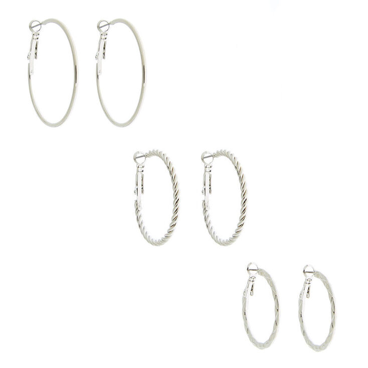 Silver Graduated Textured Hoop Earrings - 3 Pack,