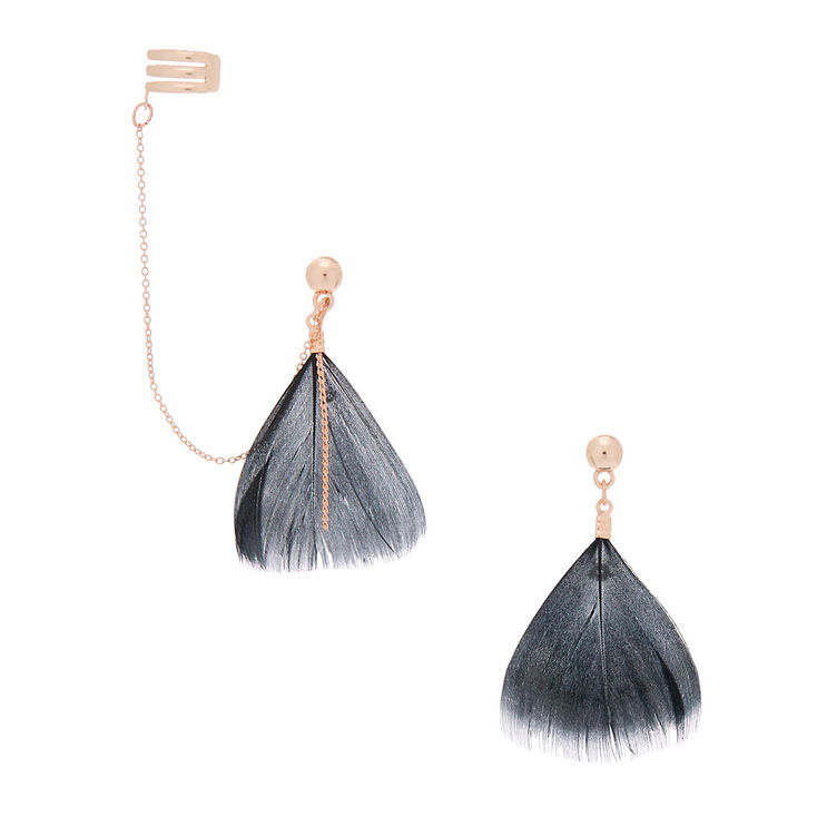 Claire's Pendantes à chaîne couleur doré rose avec plumes noires 3,8 cm