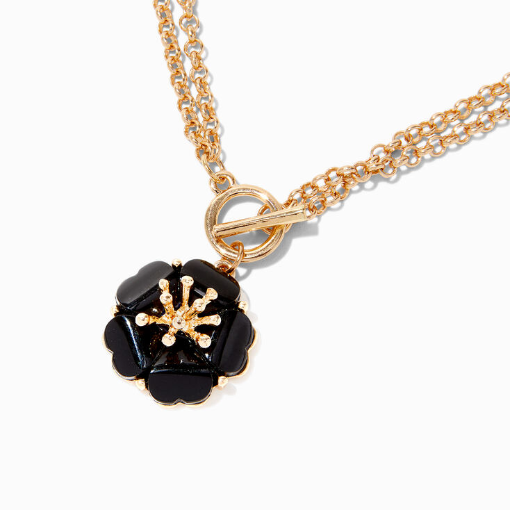 Collier multi-rangs &agrave; pendentif fleur et barre en T couleur dor&eacute;e,