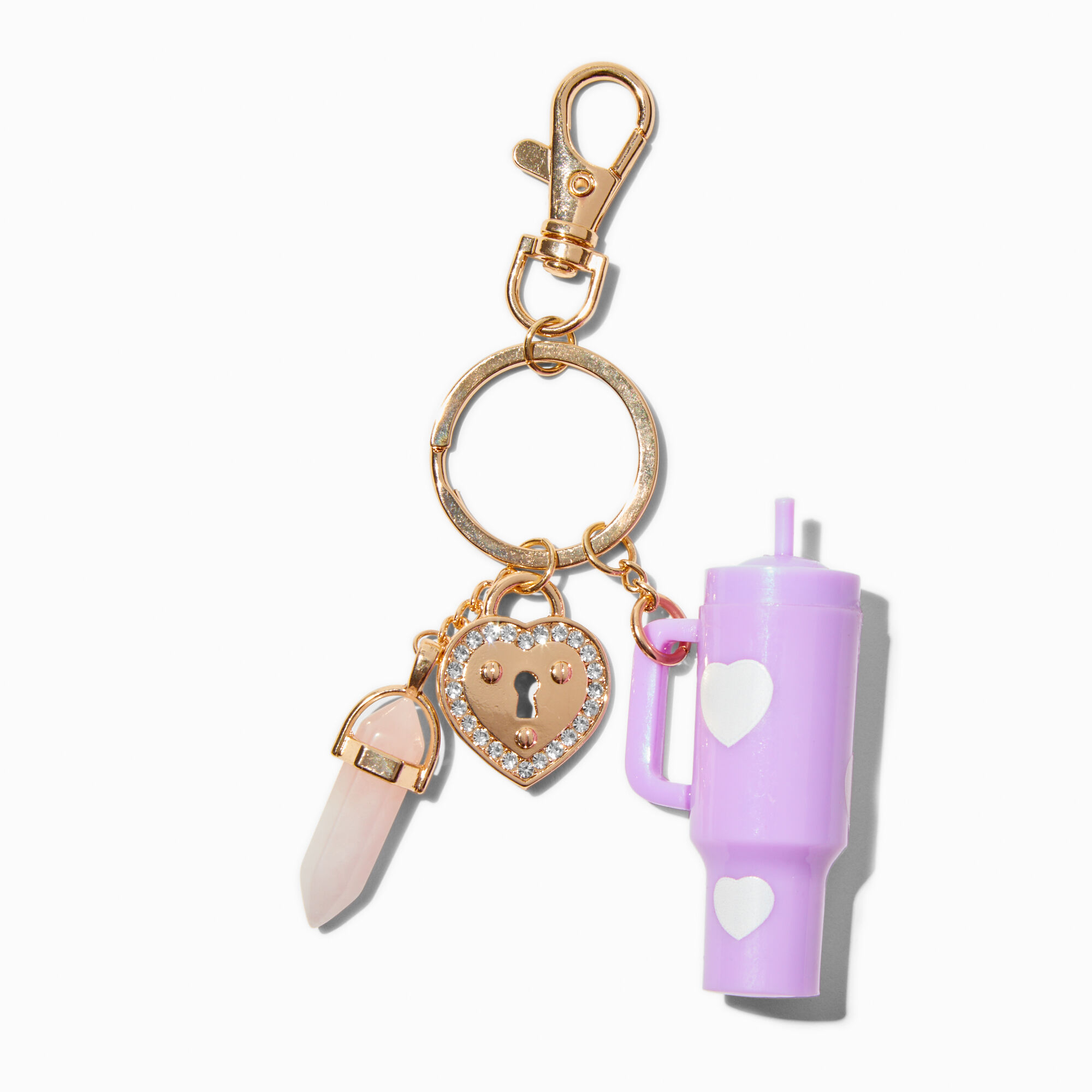 Lilac Tumbler & Crystal Gold-tone Heart Keychain,