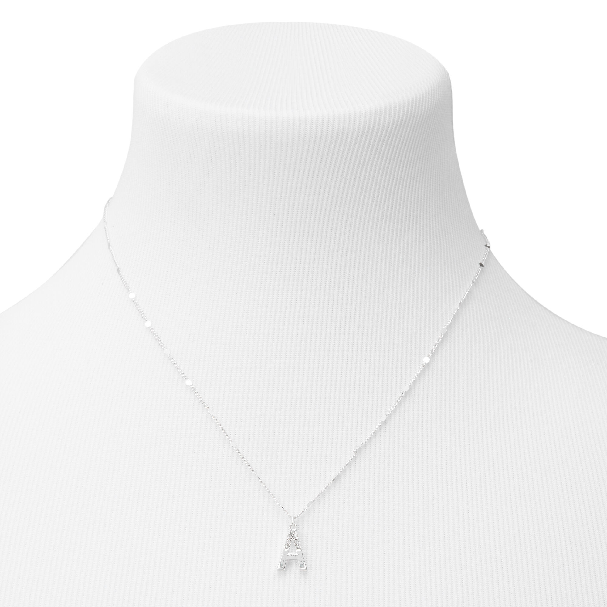 Silver Half Stone Initial Pendant Necklace - A,