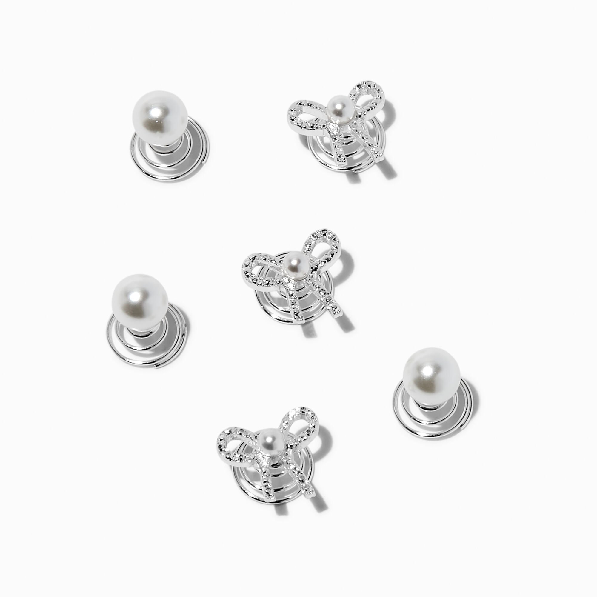 Gemstone Bow & Pearl Silver-tone Hair Spinners - 6 Pack,