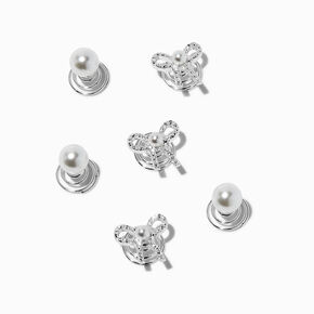 Gemstone Bow &amp; Pearl Silver-tone Hair Spinners - 6 Pack,