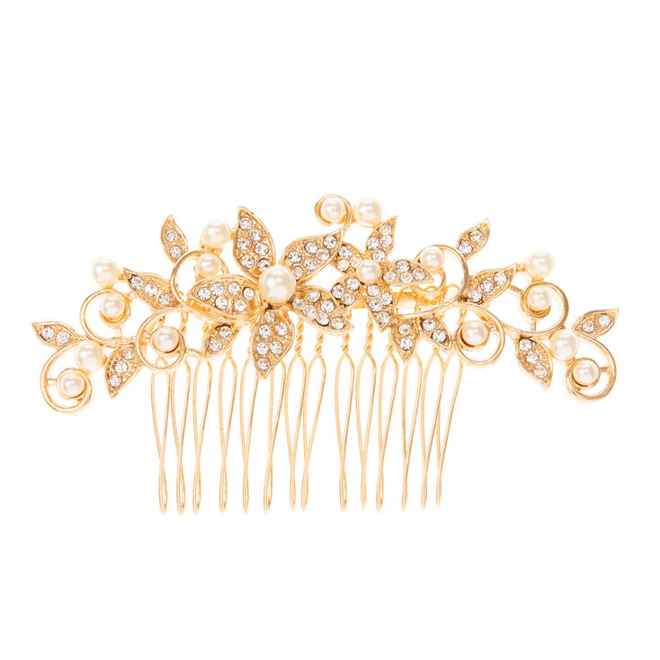 Gold Tone Vintage Floral &amp; Pearl Hair Comb,