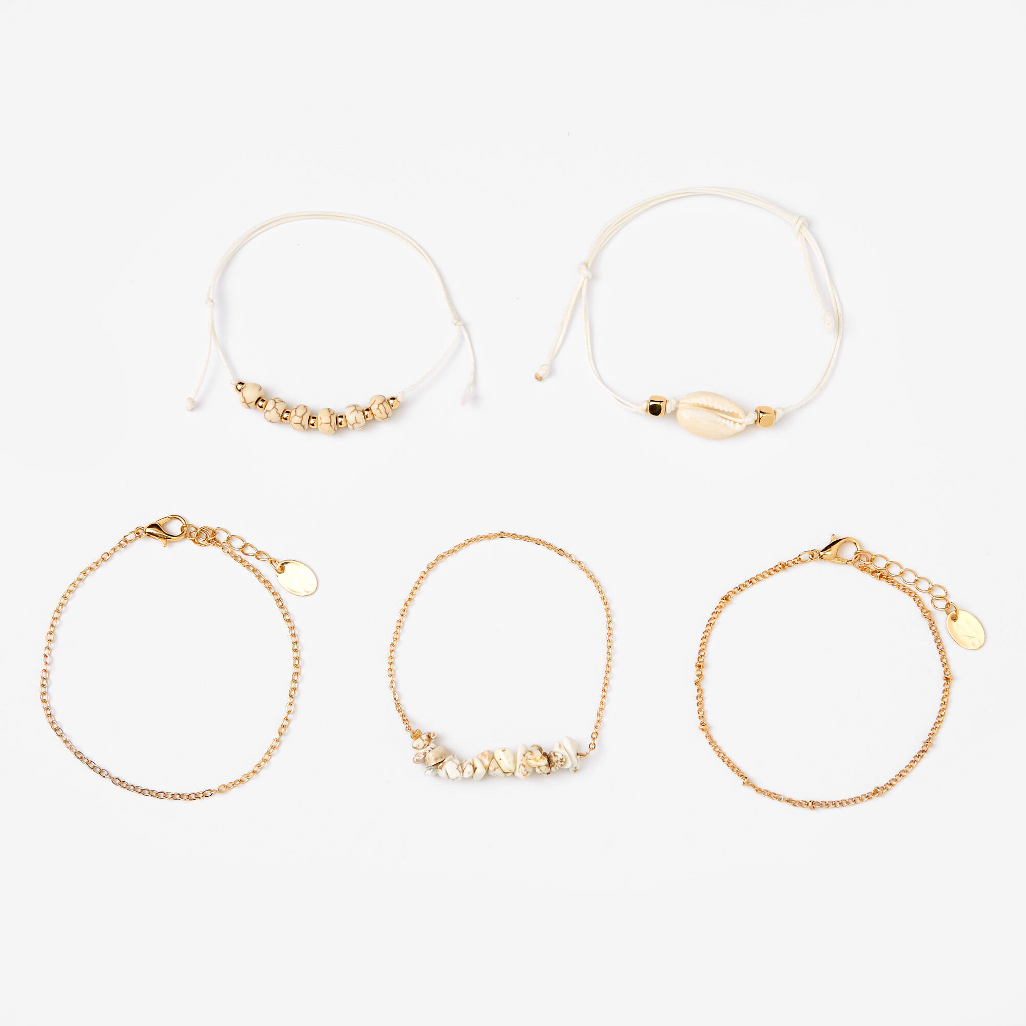 Bracelets chaînes coquillages effet marbré couleur dorée - Blanc, lot de 5,