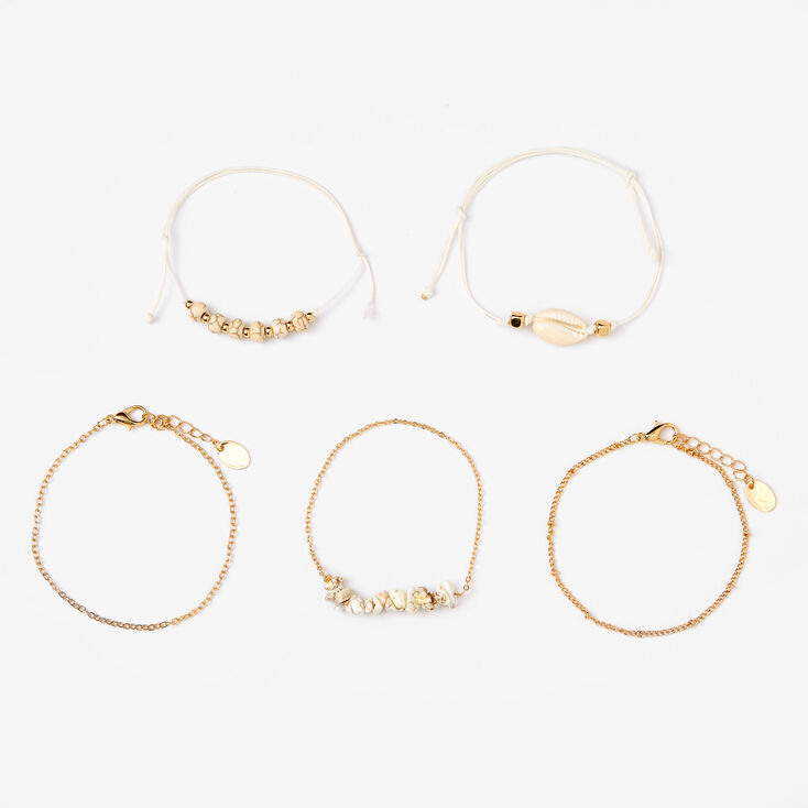 Bracelets cha&icirc;nes coquillages effet marbr&eacute; couleur dor&eacute;e - Blanc, lot de 5,
