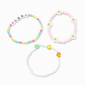 Zodiac Daisy Happy Face Beaded Stretch Bracelets - 3 Pack, Leo,