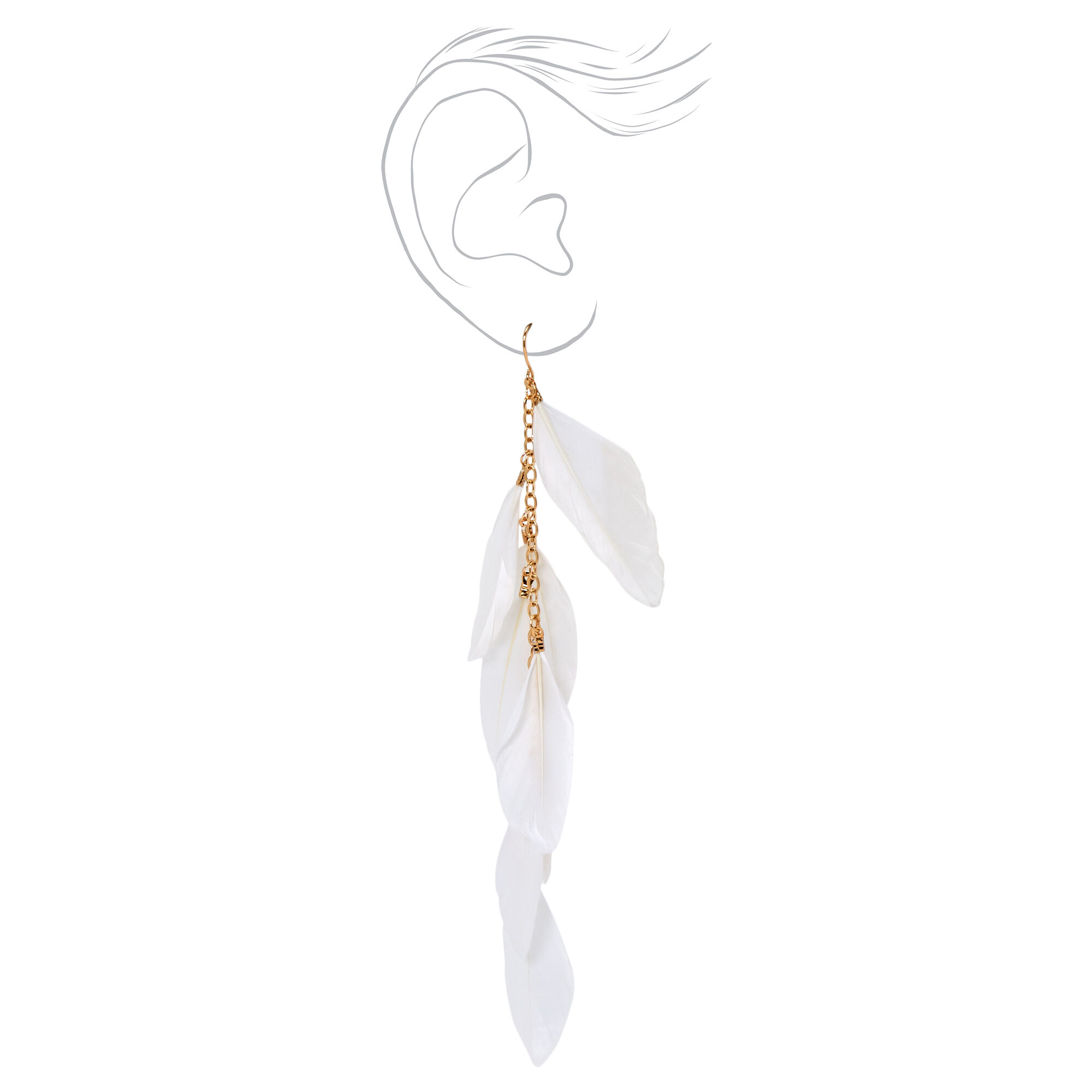 Gold 7" White Feather Drop Earrings,