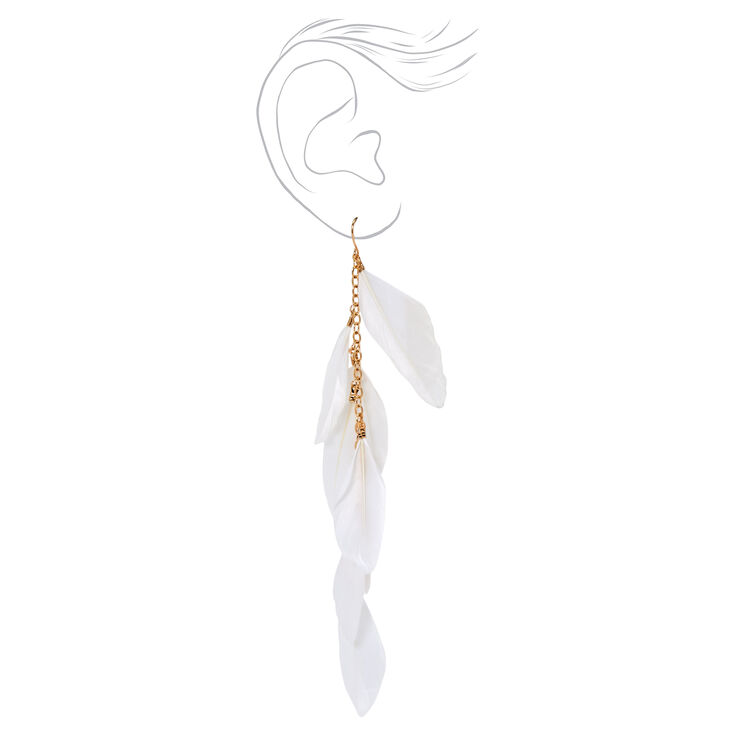 Gold 7&quot; White Feather Drop Earrings,