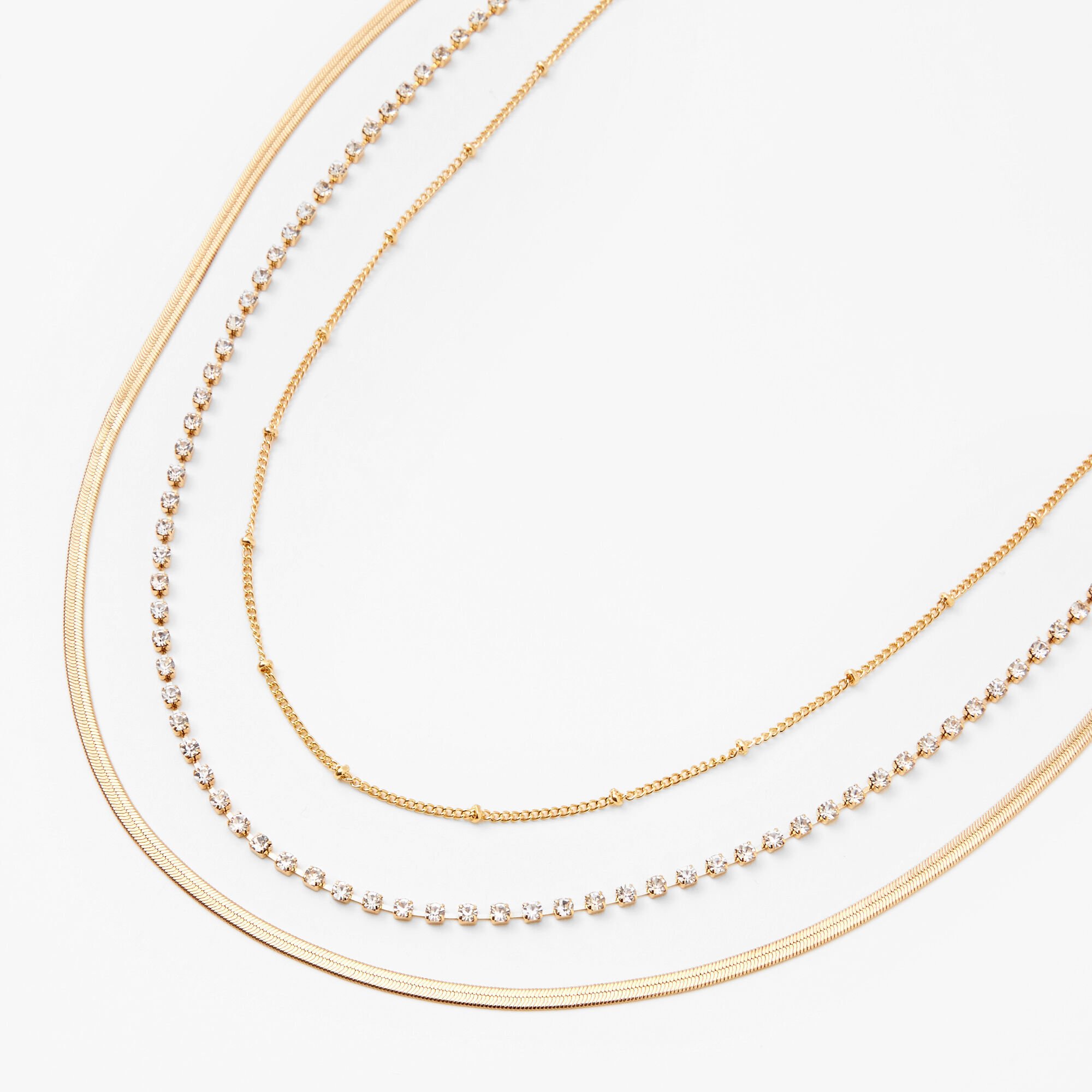 Gold Beaded, Rhinestone & Snake Chain Necklaces - 3 Pack ,