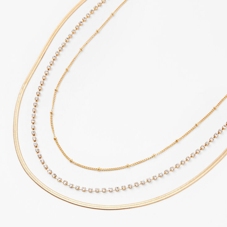 Gold Beaded, Rhinestone &amp; Snake Chain Necklaces - 3 Pack ,