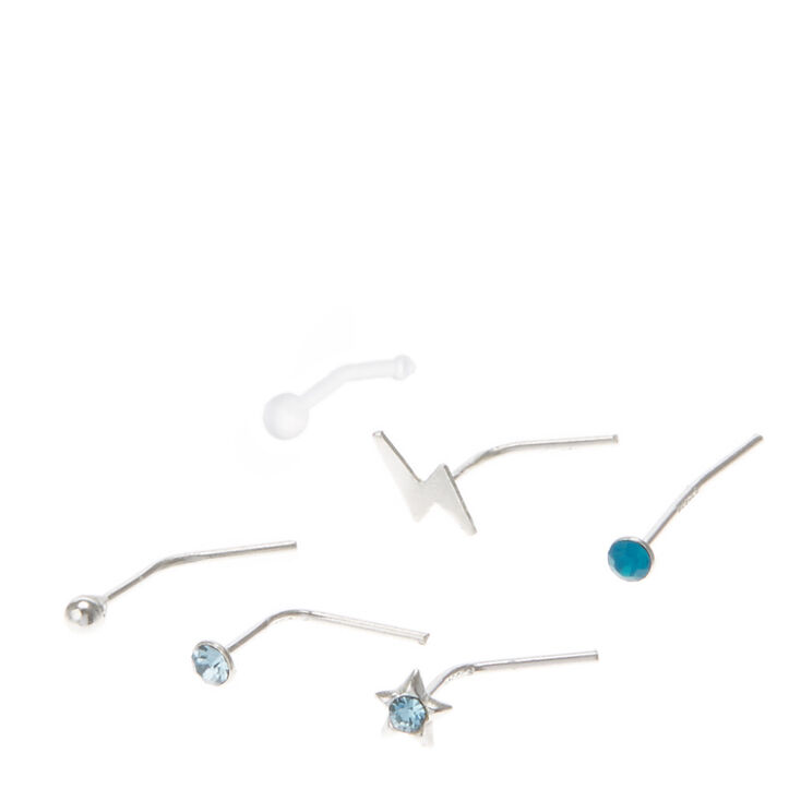 Sterling Silver Lightening Bolt &amp; Stars Nose Studs,