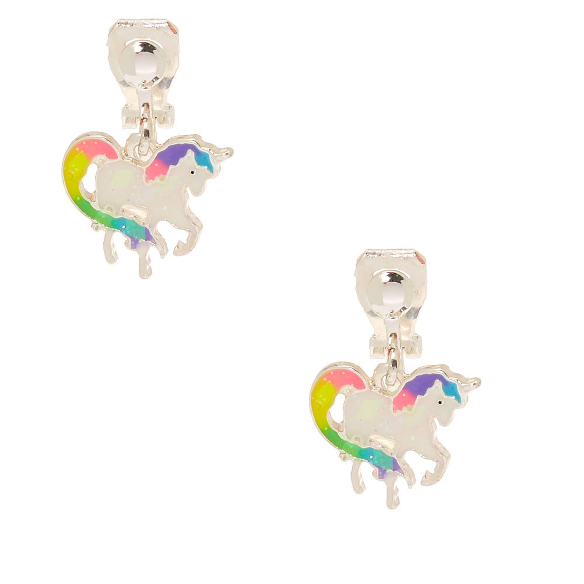 View Claires Iridescent Rainbow Unicorn Clip On Earrings Silver information
