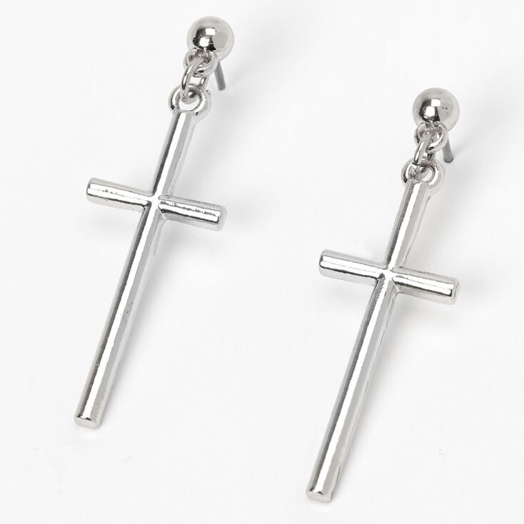 Silver 1.5&quot; Basic Cross Drop Earrings,