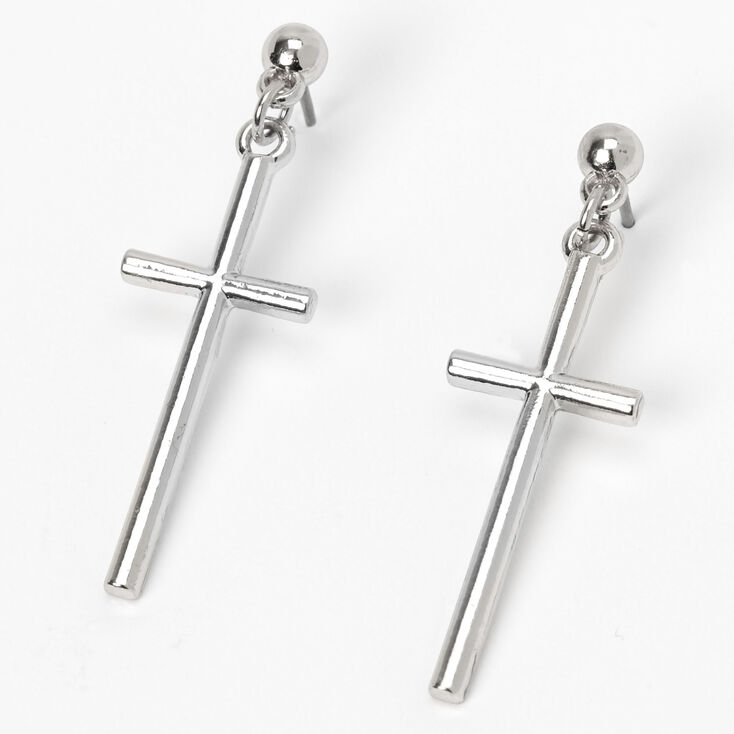 Silver 1.5&quot; Basic Cross Drop Earrings,