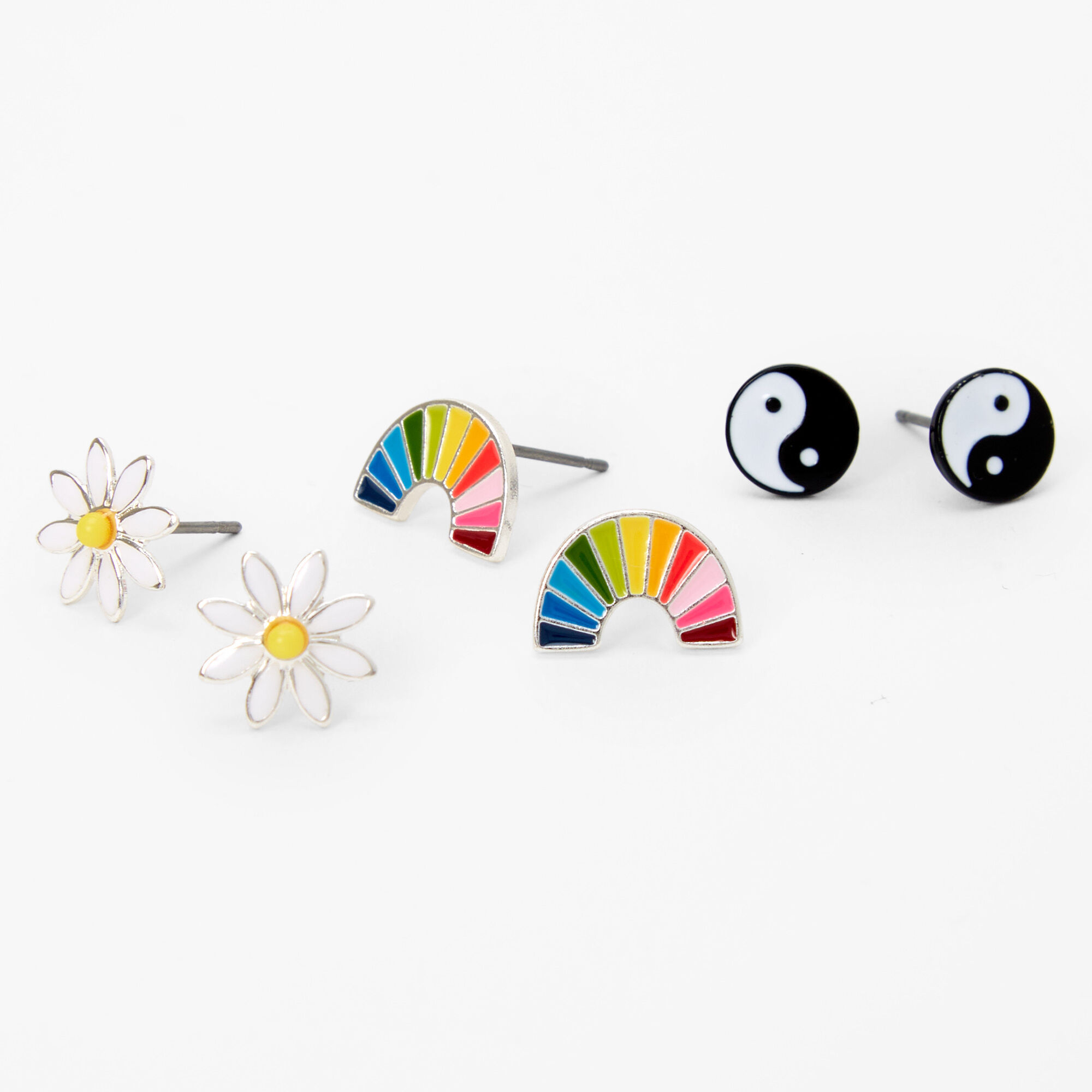 Yin Yang, Daisy, Rainbow Stud Earrings - 3 Pack,