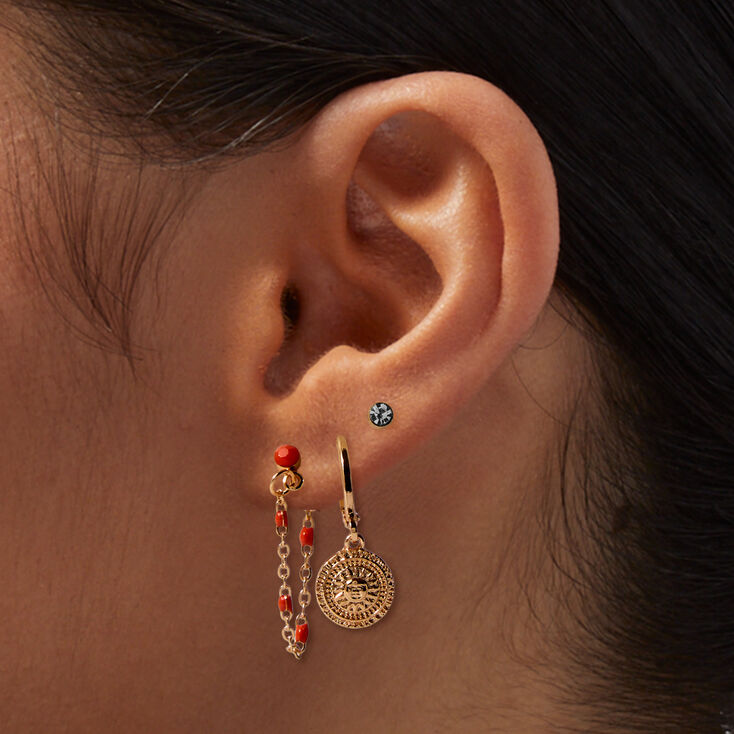 Gold-tone Sunburst Coin Orange Chain Earring Stackables Set - 3 Pack,