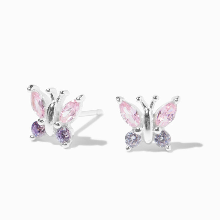 Cubic Zirconia Two Tone Silver Butterfly Stud Earrings,